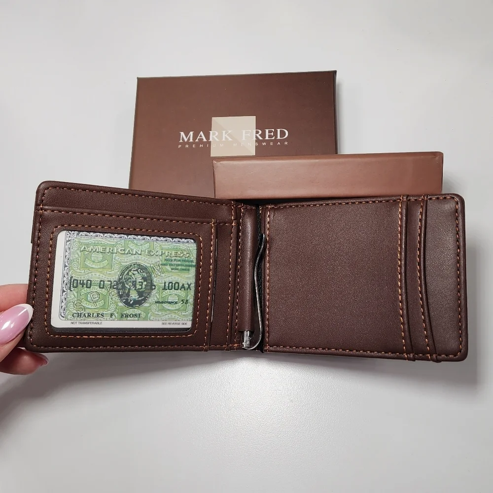 Mark Fred Men’s Bifold Wallet Brown Faux Leather With Metal Money Clip